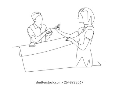 A convidada quer fazer o check-in na recepção. Inscrevendo-se em um desenho de uma linha do conceito de hotel