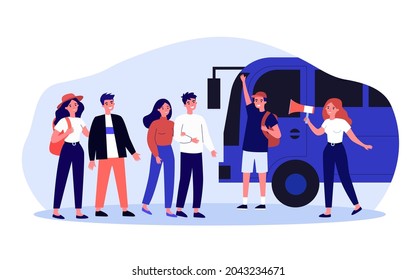 Female guide calling travelers to tour bus through megaphone. Cartoon tourists going on trip flat vector illustration. Traveling, tourism concept for banner, website design or landing web page
