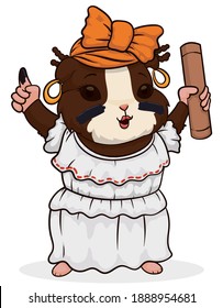 Female guinea pig with black makeup -or 'pintica'-, wearing traditional dress of Tumaco, located in the Pacific region of Colombia and 'guasa' or rattle.