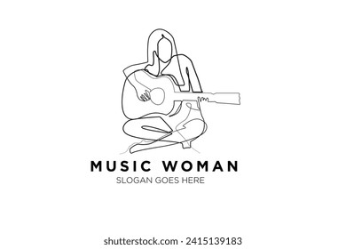 female guitarist logo. line art illustration of a woman playing guitar for the logo of a music studio, recording studio, band group