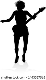 A female guitarist musician in detailed silhouette playing her guitar musical instrument.