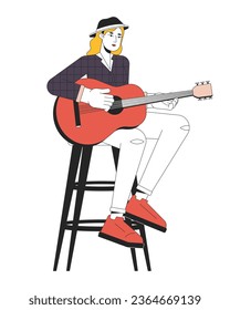 Female guitarist playing country music line cartoon flat illustration. European adult woman country singer 2D lineart character isolated on white background. Music performer scene vector color image