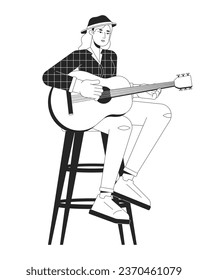 Female guitarist playing country music black and white cartoon flat illustration. European woman country singer 2D lineart character isolated. Music performer monochrome scene vector outline image