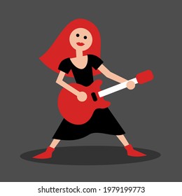 Female guitarist is playing the guitar. Attractive, beautiful and cool woman and girl with musical instrument. Vector illustration.