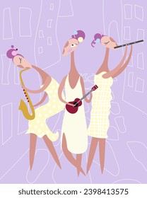 Female guitarist, saxophonist and flutist. Women's orchestra. Jazz, pop and classical music performers. Minimalistic retro abstract vector illustration. Cartoon flat style.