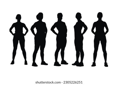 Female gymnast and bodybuilder silhouette set vector on a white background. Woman bodybuilder standing in different positions. Anonymous bodybuilder and female gymnast silhouette with muscular bodies.