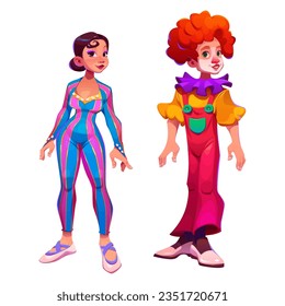 Personajes de gimnasta y payaso de circo aislados en fondo blanco. Dibujo vectorial de un comediante masculino actuando en escena, hermosa mujer con traje contorsionista sonriendo en el escenario