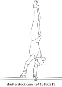 Female gymnast doing a complicated trick on gymnastic horizontal bar continuous line vector illustration. Artistic gymnastic woman in linear vector art. Olympic games. Sport theme.