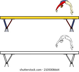 Female Gymnast Execute A Back-flip Somersault On The Balance Beam Apparatus. Hand Drawn Vector Illustration.