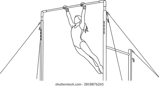 Female gymnast performing acrobatic move on high horizontal bars, line art drawing on white background, artistic gymnastics competition sport