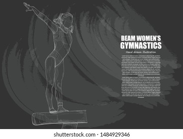 female gymnast performing handstand on balance beam. vector illustration. sport vector. gymnastic background. chalk drawing style.