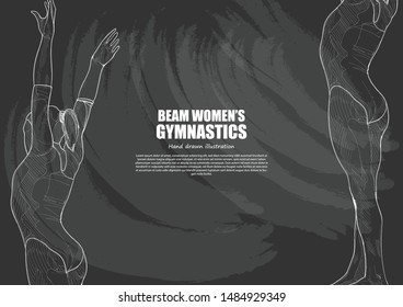 female gymnast performing handstand on balance beam. vector illustration. sport vector. gymnastic background. chalk drawing style.