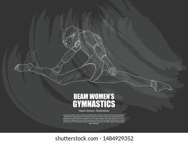 female gymnast performing handstand on balance beam. vector illustration. sport vector. gymnastic background. chalk drawing style.