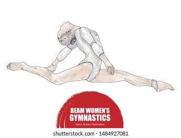 female gymnast performing on balance beam. vector illustration. sport vector. gymnastic background.