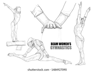 Female Gymnast Performing On Balance Beam. Vector Illustration. Sport Vector. Gymnastic Background.