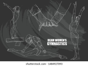 female gymnast performing on balance beam. vector illustration. sport vector. gymnastic background. chalk drawing style.