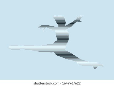 female gymnast split in jump silhouette in black lines on blue background