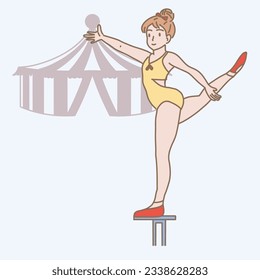 Female gymnast standing on the pole. Acrobat performing on aerial acrobatics. Circus tent behind. Hand drawn flat cartoon character vector illustration.