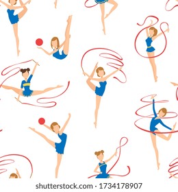 Female Gymnasts Doing Rhythmic Gymnastics Seamless Pattern, Hand Drawn Design Element Can Be Used for Fabric, Wallpaper, Packaging, Web Page Vector Illustration