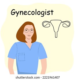 A female gynecologist in a medical uniform with a schematic image of female organs, vector illustration