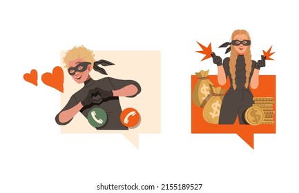 Female Hacker Criminals In Black Masks Stealing Personal Data And Money. Online Dating Scam Cartoon Vector Illustration