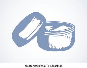 Female hair beauty relax mineral pamper emulsion milk tub on light blank label space for text. Line black ink hand drawn spa plastic tube logo sign icon in retro art doodle cartoon style. Closeup view