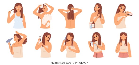 Female hair care. Young woman washing head, using cosmetics and tools. Daily beauty routine. Cartoon girl doing hairstyle, snugly vector concept