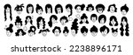 Female hair, doodle style face, scribble drawing. Girl or woman portrait, funny people, short silhouettes, many child heads. Contemporary haircut fashion icons. Vector illustration tidy set