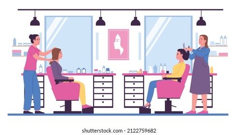 Female hair salon. Women in beauty hairstyling studio. Professional hairdressers work in interior. Barbers and customers. Hairstylists haircutting and making hairdo