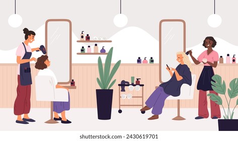 Female hair salon. Women get haircut. Hairdressers dye or dry hairdo. Professional barbers. Beauty studio. Stylists haircut with scissors. Clients on armchairs. Garish