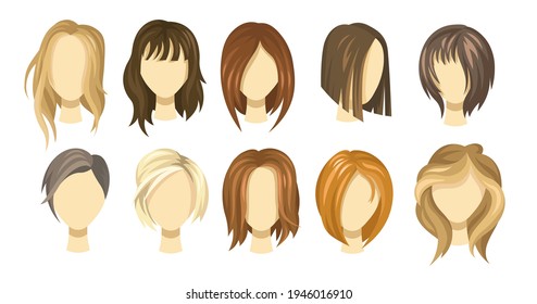 Female hair style collection. Blond, brown and ginger haircuts for girls. Short and long hair wigs for young women. Illustration set for stylist, model or hairdressing concept