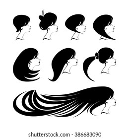 Female hair style set. Beauty women profiles. Girls silhouettes collection. Vector illustration