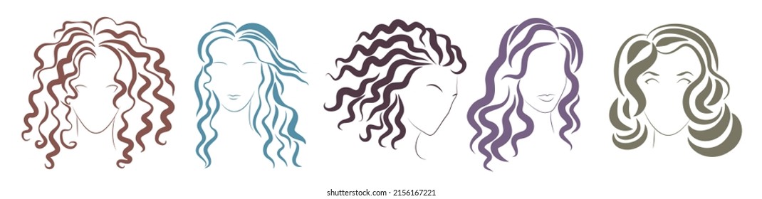 Female hair style set in line vector illustration. Abstract sketch silhouettes and portraits of stylish women heads with different curly glamour hairstyles. Fashion, hairdressers salon concept