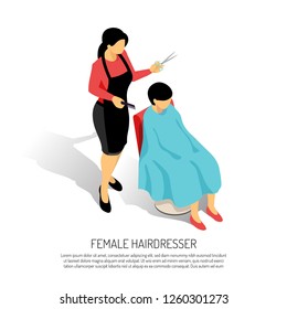 Female hair stylist with comb and scissors during work on white background isometric vector illustration