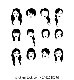 Female haircut silhouette black vector set. Pretty woman hairstyle icons for hair salon.