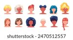 Female haircut wigs. Different hairstyles model set, blond brunette stylish wavy hair braid ponytail, fashion haircuts women little girl hairs collection classy vector illustration