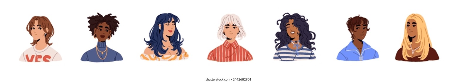 Female haircuts set. Women avatars with different stylish hairstyles: bob, with bangs, wavy, curly, straight, short hairs. Portraits of happy girls' faces. Flat isolated vector illustration on white