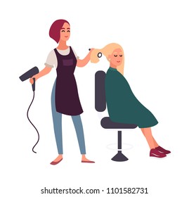 Female Hairdresser Blow-dry With Hairdryer Hair Of Her Smiling Client Sitting In Chair. Happy Woman In Hairdressing Salon Isolated On White Background. Flat Cartoon Colorful Vector Illustration.