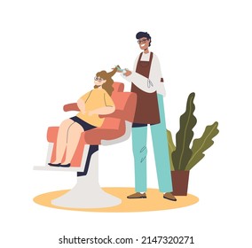 Female hairdresser cut hair for small teenage girl. Hairdressing salon with child client. Barbershop service for kids concept. Cartoon flat vector illustration