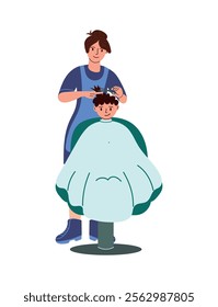 Female hairdresser cutting cute little boy's hair in chair. Vector illustration for barbershop, children's hairdressers