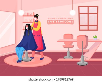Female Hairdresser Cutting Hair a Client Sitting on Chair in her Salon During Coronavirus Pandemic. Can Be Used As Poster Or Banner Design.