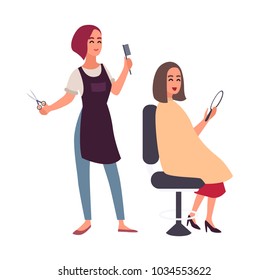 Female hairdresser cutting hair of her happy client sitting in chair and looking in mirror. Smiling women in hairdressing salon isolated on white background. Flat cartoon colorful vector illustration.