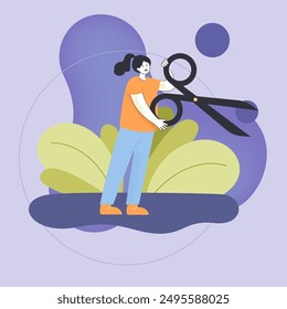 Female hairdresser with huge scissors. Flat vector illustration. Woman working in salon. Haircut, service, beauty concept