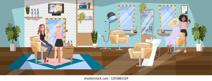 Female hairdresser making haircut for client sitting on the chair in front of mirror. Girl doing makeup for client. Beauty salon fashion interior. Vector illustration in cartoon style