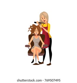 Female hairdresser making hairstyle using curling iron to young woman, professional hair stylist at workplace cartoon vector Illustration