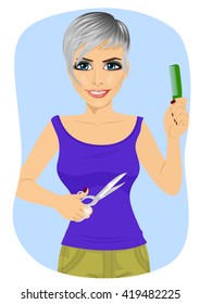 female hairdresser with a pair of scissors and a comb