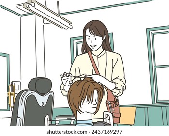 Female hairdresser practicing cutting with a hair mannequin