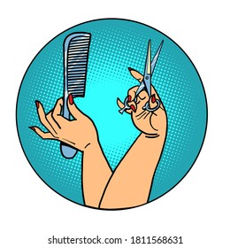 Female hairdresser. Professional stylist. Comics caricature pop art retro vector illustration drawing