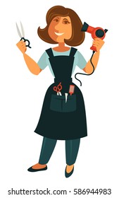 Female hairdresser with scissors and blow dryer isolated on white. Beautician coiffeuse in apron with accessories for making hair cut. Profession hairdresser character vector in cartoon style