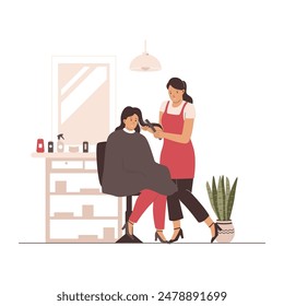 Ilustración de peluquería femenina. Ilustración para Sitios web, landing pages, App móviles, carteles y Anuncios. Ilustración vectorial plana moderna